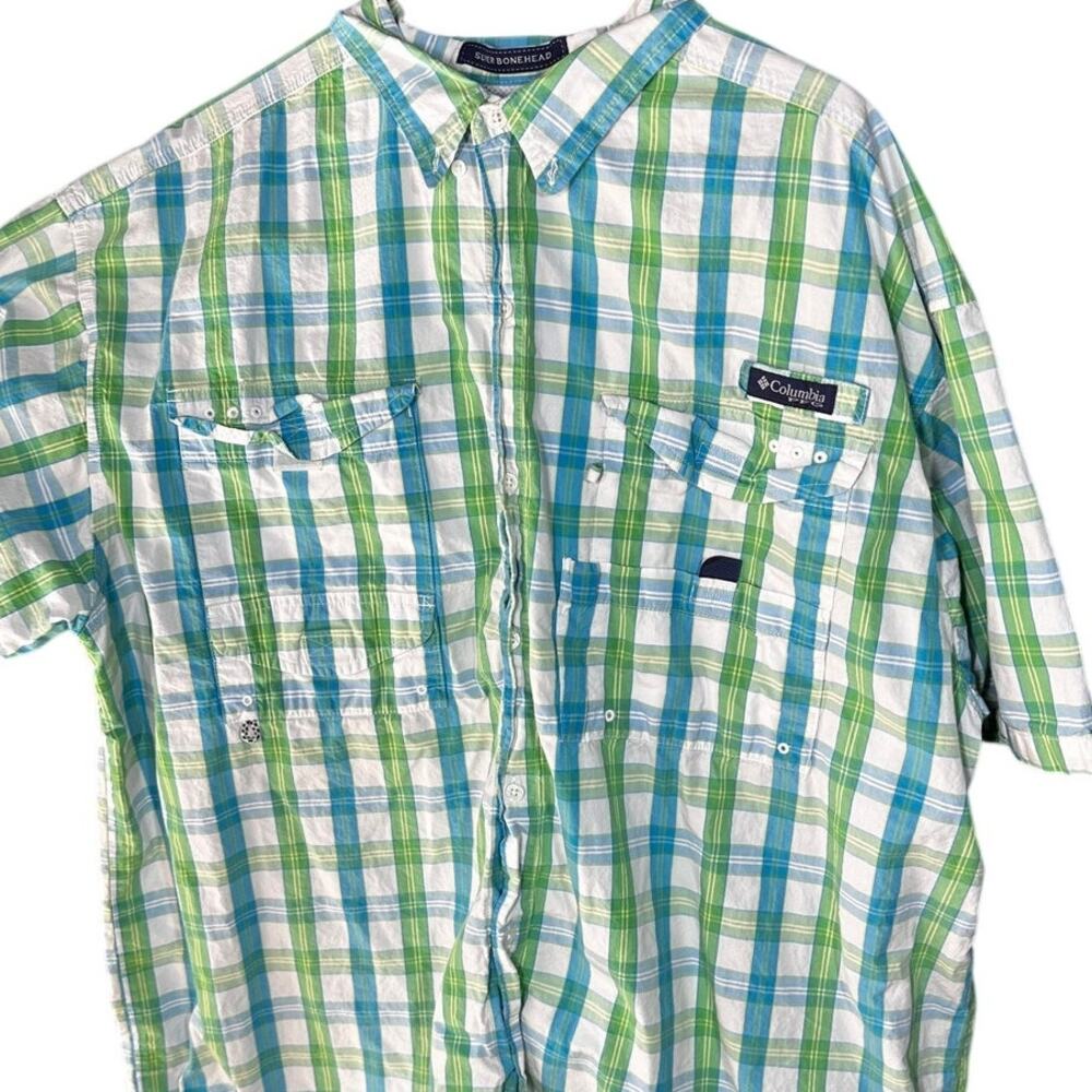 Columbia PFG Super Bonehead Men’s 2XT Plaid Vented Fishing Shirt Green Blue